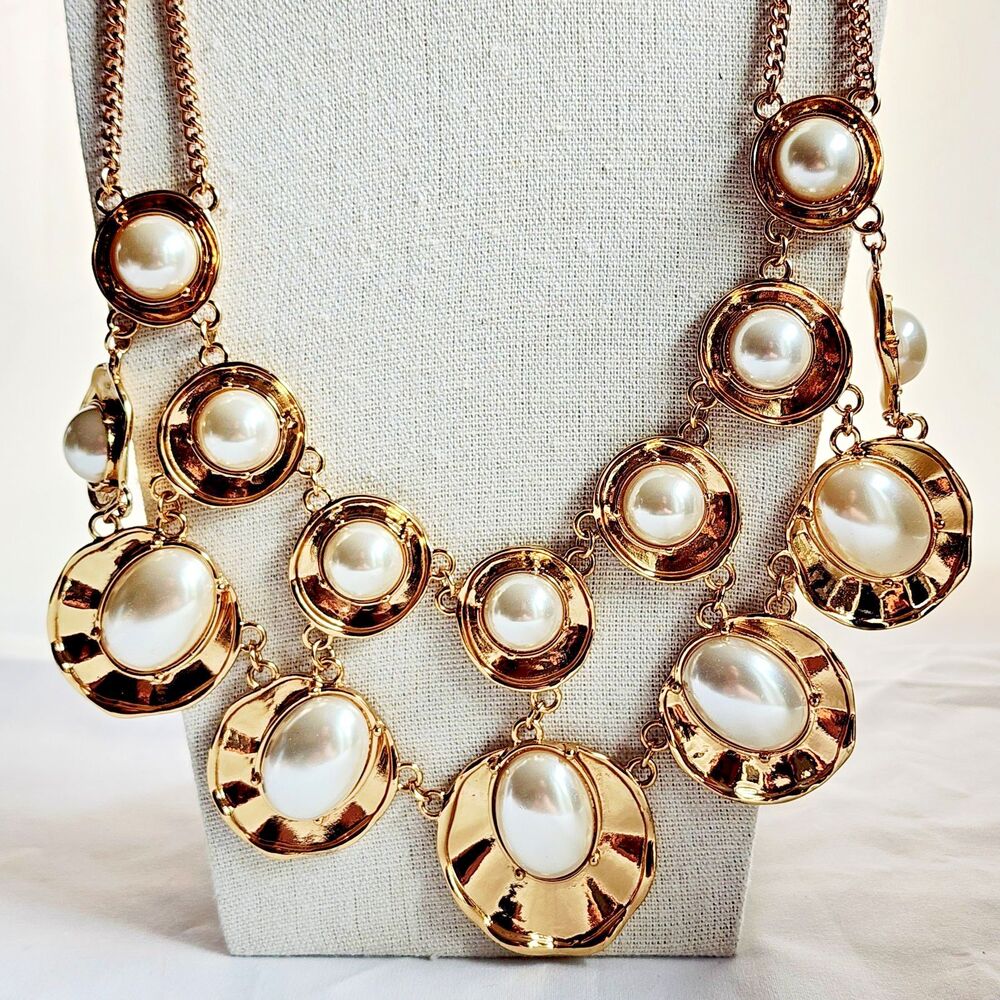 Simulated Pearl Sculptural Gold Tone Bib Necklace Runway Maximalist